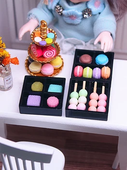 1: 12 Evcilik Minyatür Tatlı Standı Macaron Mooncake Seti Kutusu yemek kabı Modeli Oturma Odası Oturma Sahne Dekor Oyuncak
