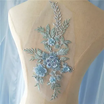 1 Adet 28 * 16.5 cm Zarif 3D Çiçek Nakış İnci Boncuklu Dantel Aplike Dantel Trim elbise kumaşları Malzeme Renkleri
