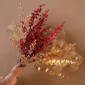 1 Demet Altın yapay çiçek Tavuskuşu Tüyü Akçaağaç Yaprağı Okaliptüs Yaprakları Buket Sahte Bitki Ev Düğün Noel Dekorasyon