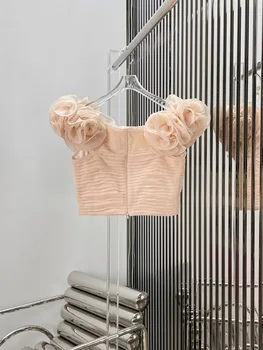 10.17 GuliChic Kadın Mizaç Seksi 3D Çiçek Ipek Yatay Plise Kapalı Omuz Kısa Bluz Kırpma Üst Veya Mini Etek Seti