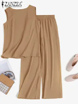 2 ADET Takım Elbise Zarif İş Eşleşen Setleri Katı Tank Eşofman ZANZEA Yaz 2022 Moda Kadın kolsuz bluz Ve Geniş Bacak Pantolon