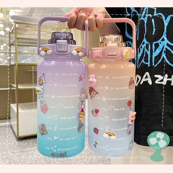2 Litre Spor Motivasyon Su Şişesi Plastik Degrade Renk Zaman İşaretleri Saman su sürahisi Spor Salonu için Spor İçecek Su