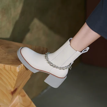 2021 Kış Kadın ayakkabı Hakiki Deri Kadın Çizmeler Platformu Yuvarlak Ayak Tıknaz Çizmeler Kadın Düz Kadın yüksek topuklu ayakkabı çizmeler
