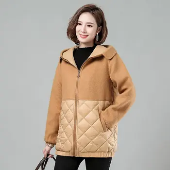 2021 Kış Kapüşonlu Ceket Kadın Aşağı pamuk Gevşek Sıcak Dış Giyim Ceket Patchwork Yün Kadın Rahat Parkas