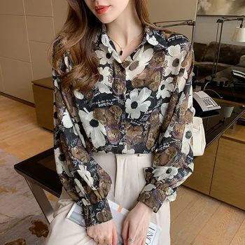 2021 Sonbahar Yeni Vintage Çiçek Dantel Gömlek kadın Büyük Gevşek Fener Kollu Üst Fransız İpek İnce Moda Zarif Bluz