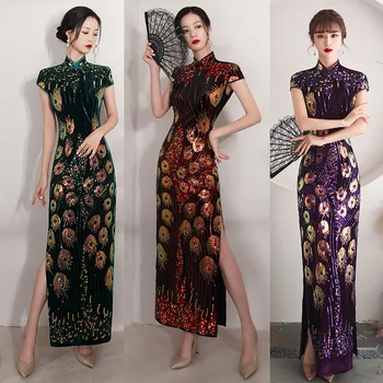 2022 Bayanlar Bahar Cheongsam Uzun Seksi İnce Baskılı Kısa kollu Retro Çin Stand-up Yaka Düğün Akşam elbise Qipao için