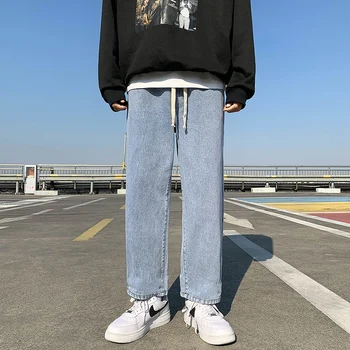 2022 Sonbahar erkek Baggy Düz Kot Kore moda ışık Mavi Geniş Bacak Kot Pantolon Ayak Bileği Uzunluğu Pantolon Hip Hop Streetwear