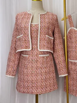 2022 Sonbahar Kış Yeni Elbise Takım Elbise kadın nostaljik tüvit Ceket Ceket + İnce Jartiyer Kısa Elbise İki parçalı Setleri Bayan Kıyafeti