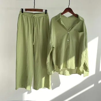 2022 Yeni Kadın Takım Elbise Moda Tek Göğüslü Uzun Kollu Gömlek + Yüksek Bel Geniş Bacak Pantolon Rahat Gevşek Kadın Setleri S-5XL