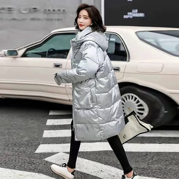 2022 Yeni Parlak şişme ceket mont kadın Orta uzunlukta Ekmek Ceket Kore Gevşek Kalın kapitone ceket Kış sıcak Kalınlaşmak Parkas Ceket