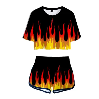 2022 Yeni Varış Kırmızı ve sarı alev 3D Baskı İki Adet Setleri Kadın Moda günlük t-Shirt + Şort Elbise