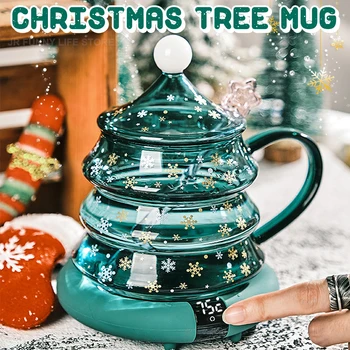 2023 Yaratıcı Noel Ağacı Fincan Şeffaf cam kahve fincanı Kupa Bardak Kapaklı ve Payet Toplu çocuk noel hediyesi