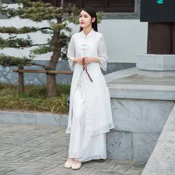 4 renkler Çin Tarzı Hanfu Kadınlar Retro Cheongsam Elbise Geniş Bacak Pantolon Tang Takım Elbise Bayan Yoga Zen Çay Elbise Oryantal Giyim Seti