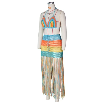 Adogirl Renkli El Tığ Iki Parçalı Set Elbise Dantel Up Sütyen Üst Uzun Püskül Maxi Etek Kadın Yaz Elbise Plaj Kapak Ups