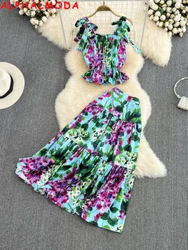 ALPHALMODA 2022 Yaz Çiçek Baskılı Kayış Üst + A-line Etek Kadın 2 adet Tatil Rahat Takım Elbise Bayanlar Casual Resort 2 adet Kıyafet
