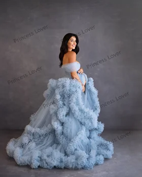 Açık Gökyüzü Mavi balo kıyafetleri Hamile Kadınlar için Katmanlı Ruffles Abiye giyim Ön Bölünmüş Photoshoot hamile elbisesi