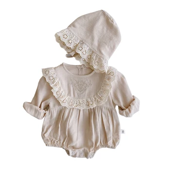 Bahar Bebek Kız Romper + Şapka Bodysuit Kıyafetler Uzun Kollu 2 Adet Kıyafetler Pamuk Keten Dantel Ruffles Kız Çocuk Giyim 0-24M