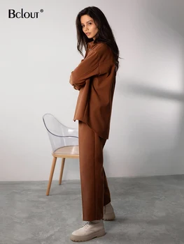 Bclout Kış Uzun pantolon İki Parçalı Setleri Kadınlar 2022 Kıyafetler Zarif Ofis Bayan Uzun Kollu Gömlek Moda Yüksek Bel pantolon Takım Elbise