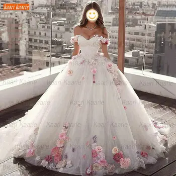 Beyaz Balo cüppe şeklinde gelinlik Kapalı Omuz Gelinlik Da Sposa 2021 Lace Up Çiçek Tül Boho gelin elbiseleri Kadınlar Uzun Suknia Ślubna
