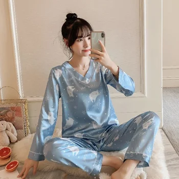Buz İpek Pijama Bayanlar İlkbahar ve Sonbahar Uzun kollu İnce Kesit Tatlı Kore Versiyonu İpek Ev Giysileri İki parçalı Takım Elbise