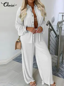 Celmia Moda İki Parçalı Setleri Bayan Kıyafet 2022 Sonbahar Uzun Kollu Gömlek ve Pantolon İpeksi Rahat Pilili Yüksek Bel Pantolon setleri