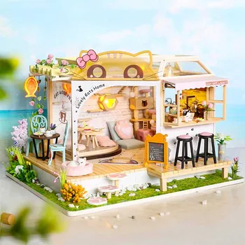 DIY Ahşap Dollhouse Kitleri Minyatür Mobilya Sevimli Kediler Kahve Bahçe Casa Dollhouse Monte Oyuncaklar Kızlar için Noel Hediyeleri
