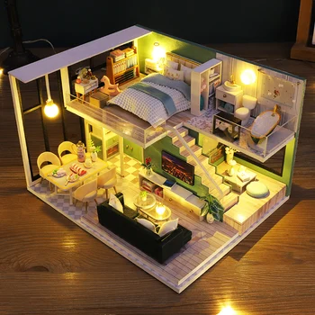 DIY Minyatür Ahşap Bebek Evi Kiti Modern Loft Casa Dollhouse Mobilya Roombox Monte 3D Model Oyuncaklar Kız Hediyeler için