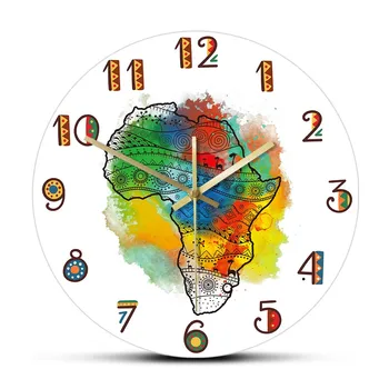 Dokulu Haritası Afrika duvar saati Modern Tasarım Sessiz Sigara Geçiyor Duvar Saati Renkli Tribal Dövme Afrika Haritası sanat dekoru