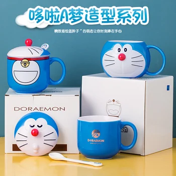 Doraemon Kupa çocuk Seramik çizgi kahramanlı fincan Su Bardağı Çift Çift kapaklı bardak doğum günü hediyesi Makinesi Kedi