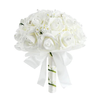 Düğün Buket Gül Yapay İnci PE İpek Çiçekler Beyaz Kırmızı Buket Gelin Nedime El Buket Çiçek Düğün Malzemeleri
