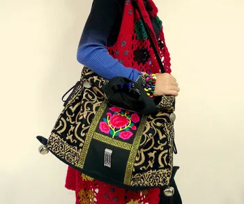 Egzotik klasik blcak tuval nakış kadın Çanta Naxi.Hani marka Vintage moda Etnik Omuz çantaları