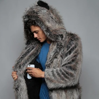 Erkek Faux Fox Kürk Ceket 2019 Rahat Artı Boyutu Çift Kapşonlu Kalın Sıcak Kürk Ceket Ceket Kedi Kulak Sıcak Uzun Kollu Ceket Palto