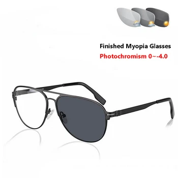 Güneş Renk Değişikliği Bitmiş Miyopi Gözlük Erkekler Klasik UV400 Metal Fotokromizm Kısa görüşlü Gözlük 0-0. 5-0. 75-1. 0-4