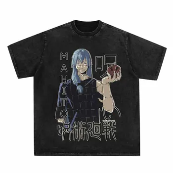 Hip Hop T Shirt Yıkanmış Büyük Boy Erkekler Streetwear Harajuku japon animesi Baskı T-Shirt Pamuk Gevşek Gömlek 2023 Kısa Kollu Gömlek