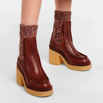 INS Yeni Varış Hakiki Inek Deri bayan ayakkabıları Tıknaz Yüksek Topuklu Platformu Kahverengi Sarı Sonbahar Kış Sıcak yarım çizmeler Boyutu 40