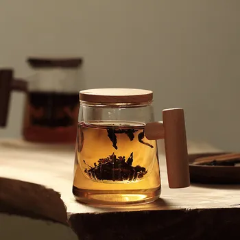 Isıya dayanıklı Yaratıcı Borosilikat Cam Çay Fincanı Şeffaf Çay Fincanı Filtre ile Ahşap Kapaklı Kayın Kolu Bardak