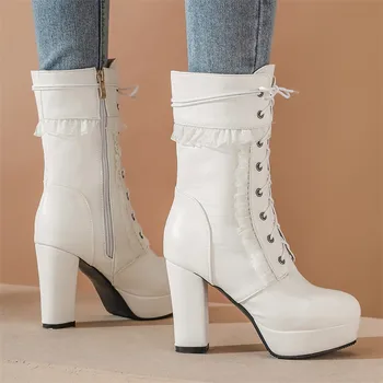 İlkbahar Sonbahar Kadın Orta Buzağı Çizmeler Platformu Kadın Kısa çizmeler Yüksek Topuk Ayakkabı Küçük Artı Boyutu 32 33 - 40 41 42 43 44 45 46 47 48