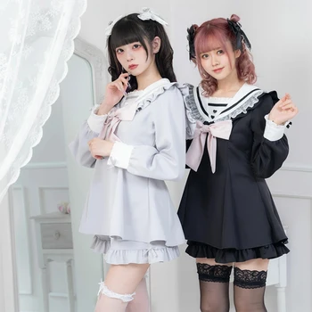 Japon Lolita Yay Denizci Yaka Uzun Kollu Bluz Kawaii Giysi ve şortlar seti Tatlı 2 Parça kadın Lüks Kıyafetler 2023