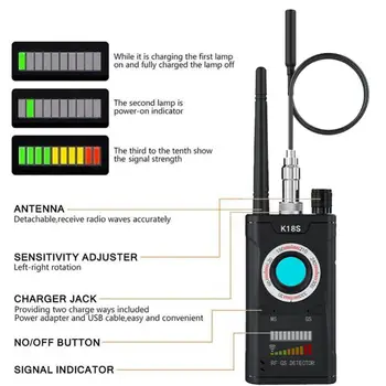 K18S Dedektörü Çok fonksiyonlu Anti Mini Hata Ses CASUS Kamera GSM Bulucu GPS Sinyal Lens RF Bulucu İzci Algılama kablosuz kamera