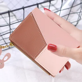 Kadın PU Deri bozuk para cüzdanı Moda Kontrast Renk Mini küçük cüzdan Casual Bayanlar Püskül Fermuar Kart Tutun Tavşan Kolye