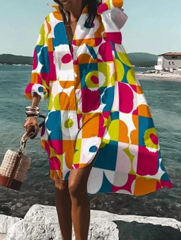 Kadın V Boyun Çiçek Baskı Elbise Rahat 2021 bahar uzun kollu elbise Düzensiz Gömlek Elbise Yaz Gevşek Plaj Midi Elbiseler Vestidos