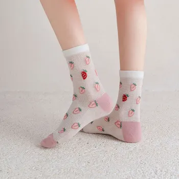 Kadın Çorap Yaz İnce Örgü Tarzı Pembe Çilek Pamuk Yüksek Kaliteli Lolita Kız Kawaii Şeffaf Sevimli çorap seti