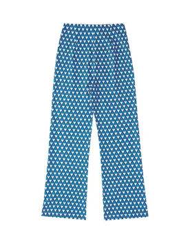 Kadınlar Mavi Geometrik Baskı 2 Parça Setleri Vintage Uzun Kollu Gömlek + Yüksek Bel Alevlendi Pantolon Takım Elbise Yaz Moda Rahat Kıyafetler