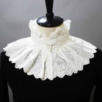 Kadınlar Vintage Nakış Paisley Büyük Şal Ruffled Standı Sahte Yaka Victorian Steampunk Beyaz Eşarp Yarım Gömlek Capelet X4YC