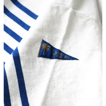 Kapital Mavi Beyaz Şerit Renk Engelleme Gevşek Üç Bayrakları Yaz Yuvarlak Boyun kısa kollu tişört Erkekler Beyaz Tees Japonya Tarzı