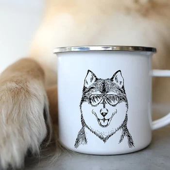 Komik Gözlük Köpek Baskı Kahve Kupaları Kroki Bulldog Yaratıcı Emaye Bardak İçecek Suyu Kakao Fincan Şenlik Ateşi Piknik Şarap Kola su kupası
