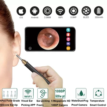 Kulak Temizleyici Endoskop Kaşık Kamera Kulak Seçici Temizleme Balmumu Kaldırma Görsel Earpick Wifi Ağız Burun Otoskop Desteği Android