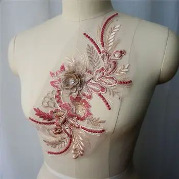 Kırmızı İşlemeli Dantel Kumaş 3D Çiçek Püskül Rhinestone Elbise Aplikler Düzeltir Yaka Örgü Dikmek Yama Düğün Dekorasyon İçin DIY