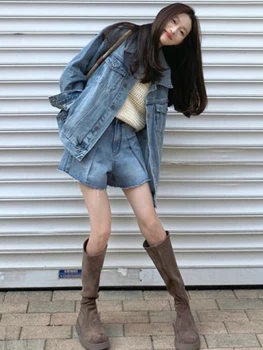 Kış Kawaii Denim İki Parçalı Kısa Set Kadın Kore Moda Kot Ceket + mini kısa takım Elbise Kadın Rahat Tasarımcı Kısa Set 2022