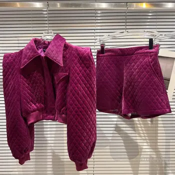 Kışlık şort seti Kadın 2 Parça Takım Elbise 2022 Sonbahar Yeni Üç Boyutlu Omuz Elmas Kafes Kadife Kısa Ceket + Şort